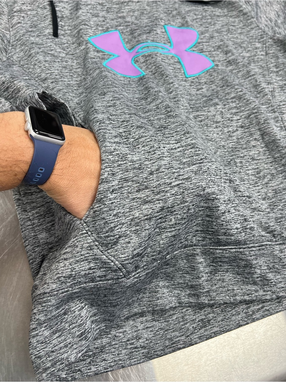 Under Armour Storm Gray Heather Hoodie with Purple Logo and Lined Hood Women XL - Picture 4 of 9